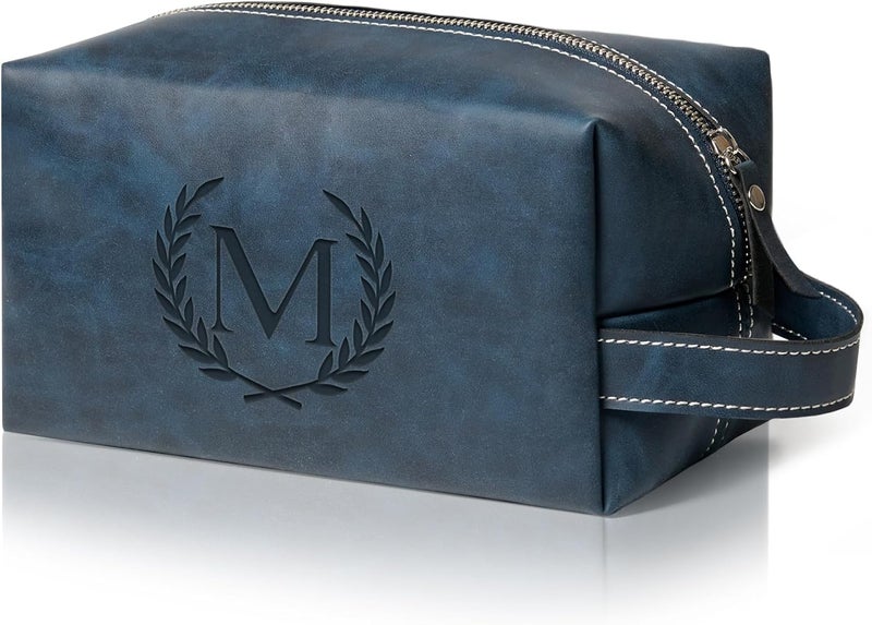Aganmi Personalized Gifts Travel Toiletry Bag for Men Engraved Initial PU Leather Waterproof Shaving Bag for Toiletries Accessories Fathers Day Birthday Gift for Men Dad Husband Son, Dark Blue M - Image 1